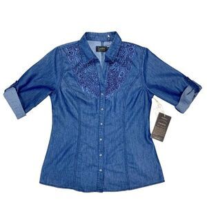 Cavalini Button Front Denim Shirt S Blue Lace Embellish Classic Smart Casual NEW